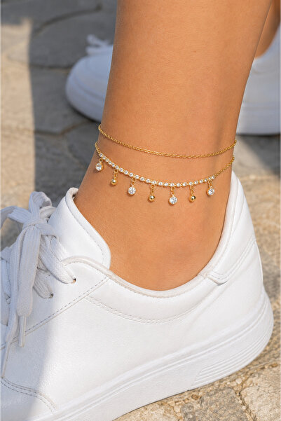 POYASE Double Chain Zircon Stone Dangle Anklet Gold Color Summer Stylish Ankl...