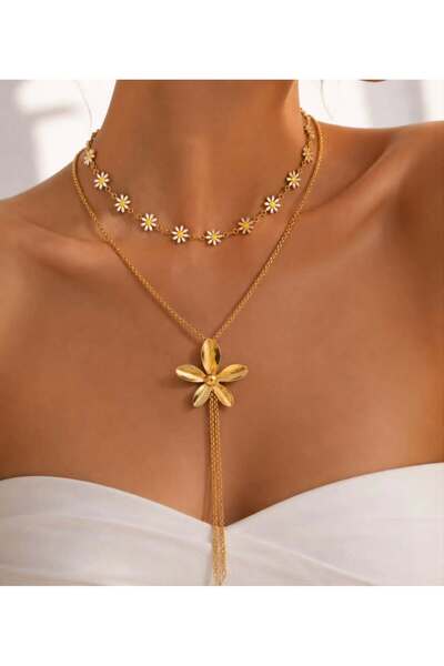 KAYANCLICK Layered Stainless Steel Necklace with Stars and Flower Pendant