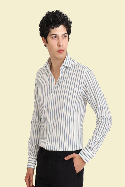 Picuardo Erkek Slim Fit Çizgili Pamukluk Kolay Ütülebilen İtalyan Yaka Gömlek