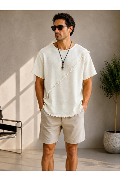 FıttingRoom Oversize Bohemian Off-White Cotton Linen Tshirt