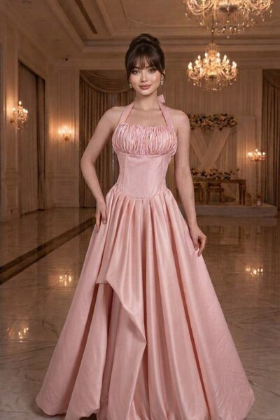 tsuwahen Pink Satin Halter Neck Long Evening Dress with Elegant Royal Skirt