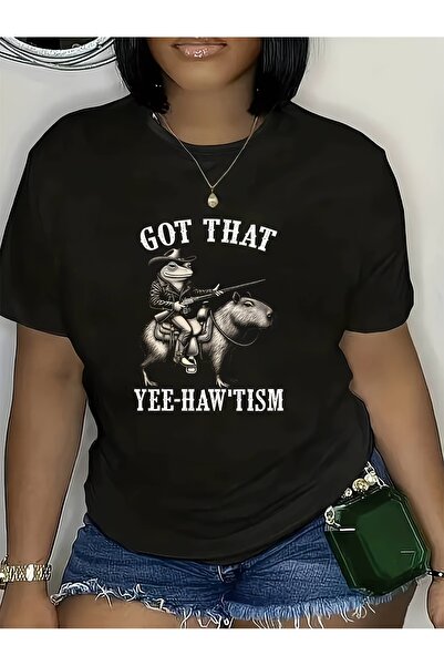 NOURAM تي شيرت نسائي بأكمام قصيرة مع طباعة جرافيكية جريئة بعبارة "GOT THAT YE...