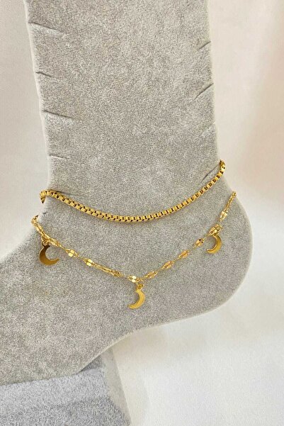 OGHAMAY Gold Color Crescent Model Elevator and Singapore Chain Steel Anklet -...