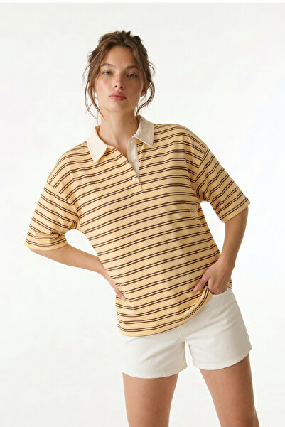 Lovelyİstanbul Polo Yaka Çizgili Oversize Örme T-shirt LUB0388 SARI