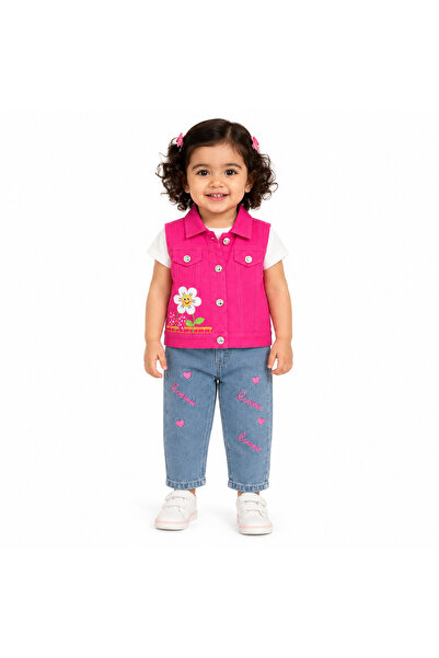 Generic Girls' Set Three-Piece Shirt and Denim Vest and Embroidered Pants