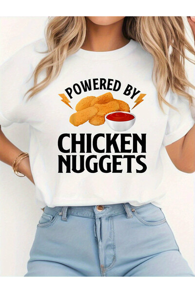 Astogria13 POWERED BY CHICKEN NUGGETS Graphic Print T-shirt, Short Sleeve Cre...