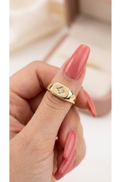 EKİDORA Women's Gold Plated Adjustable North Star Baguette Knight Ring with Steel Look