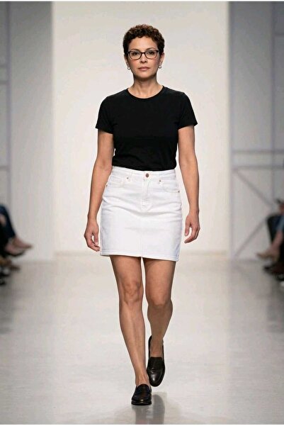 they11 No Slits 48 cm White, Lycra Flexible High Waist Denim Skirt
