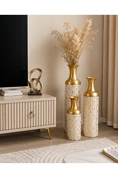 Vien Home Lüks Seramik Görünümlü Metal Dekoratif Vazo – Gold Beyaz Desenli Sa...