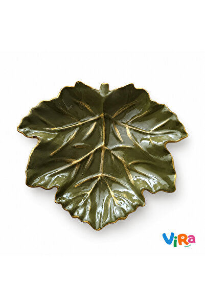 Zeytin Yeşili Gold Detaylı Yaprak Takı Tabağı | Vernikli