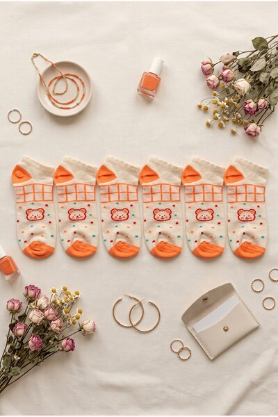 hadiora Set of 6 Orange Teddy Bear Patterned Women's Socks - Soft Cotton