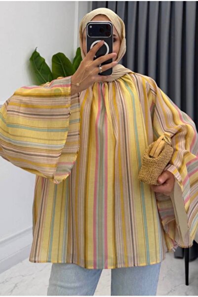 Bahar Altundemir Women's Striped Bat Sleeve Casual Colorful Tunic