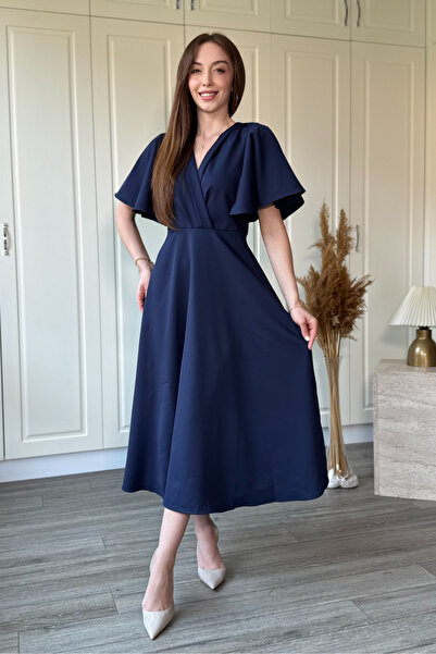 Dilay Gökoğlu Butik V-Neck Ruffled Midi Dress with Flounce Sleeves