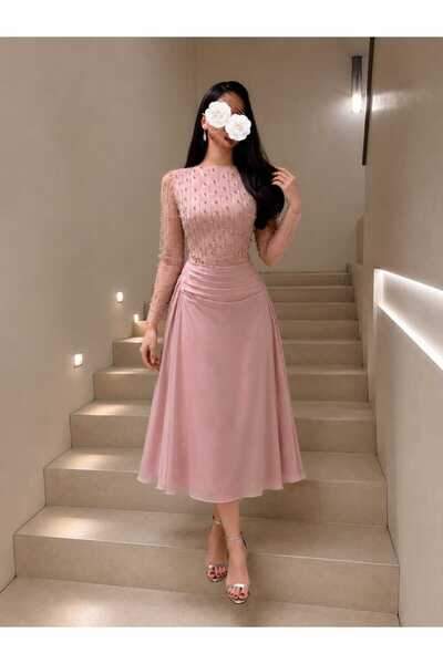 SAMEERAH STYLE Beaded Midi Dress with Sheer Chiffon Sleeves