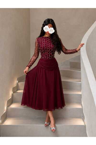 Kurtah Beaded Midi Dress with Sheer Chiffon Sleeves
