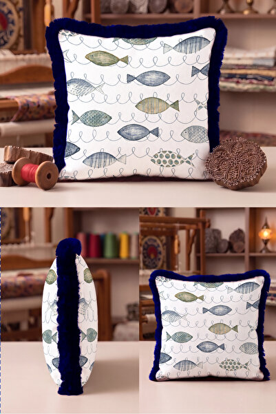 Evimde Bambaşka Sea Marine Fish Design Fringed Pillowcase - Ocean Blue Navy B...