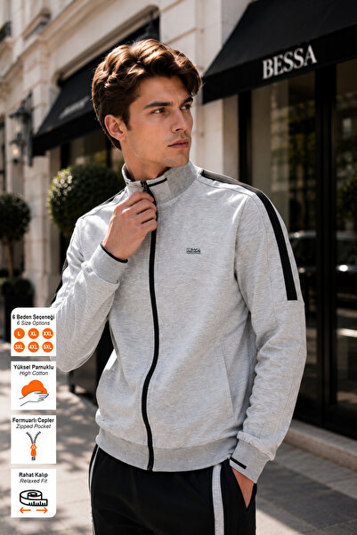 BESSA Gray Stand-Up Collar Tracksuit Set with Stripe Detail, Straight Leg, Comfortable Fit, Men's Cotton Fabric