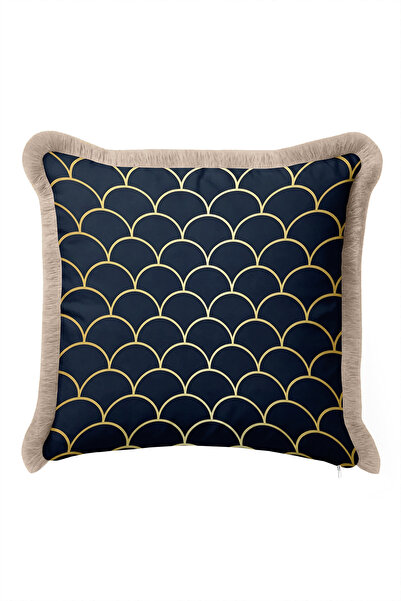 Evimde Bambaşka Art Deco Geometric Patterned Fringed Pillowcase-Seashell Navy...