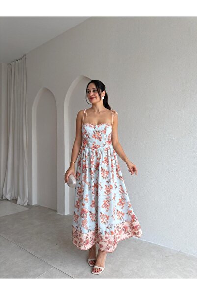 Mooi Butik فستان جيني من الكتان المزين بالزهور 3030 - أزرق فاتح