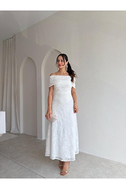 Mooi Butik Afytos Collar Detailed Midi Dress 3057 - White