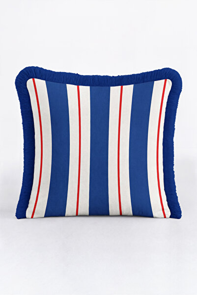 Evimde Bambaşka Marine Striped Red Fringed Pillowcase - Nautik Navy Blue Crea...