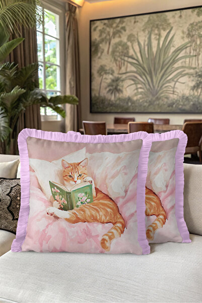 Evimde Bambaşka Cat Romantic Fairytale Fringed Pillowcase-Cute Pet Bohemian O...