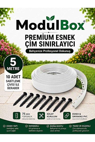 MODULBOX ESNEK PVC ÇİM AYIRICI, BAHÇE PEYZAJ DÜZENLEYİCİ, ( 5 METRE BEYAZ ) Ç...