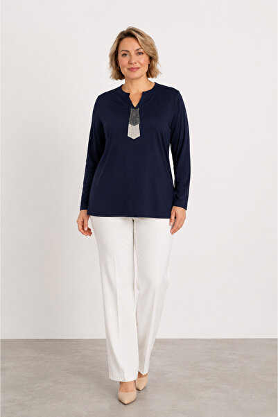 bihan store Women's V-Neck Tie-Dyed Long Sleeve Combed Cotton Blouse-Navy Blue