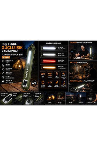 EyluX Shop Şişirilebilir Kamp Feneri Solar Şarjlı Beyaz Işık Çakar Modlu Taşı...