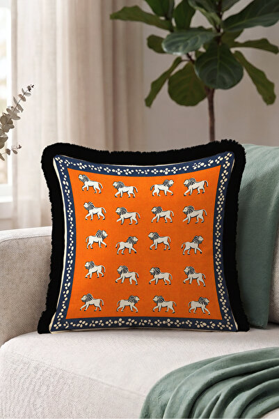 Evimde Bambaşka Exotic Lion Figured Safari Fringed Pillowcase - Ethnic Orange...