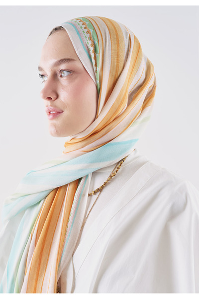 Freshscarfs Summer Blocks Desen Rami Viskon Şal Turuncu-Mavi