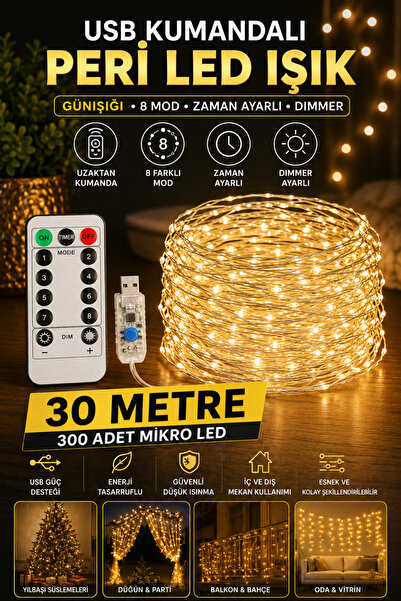 TrendDeco 30 Metre USB Kumandalı Peri Led Işık – 300 Mikro LED 8 Modlu
