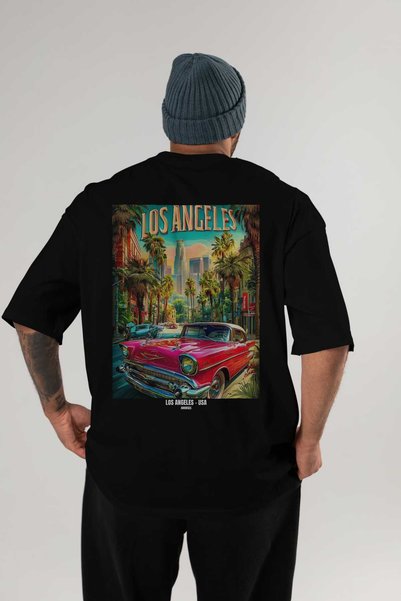 Ankhises Los Angeles Usa Black Oversize Country City Back Printed Unisex T-Shirt 100% Cotton Premium