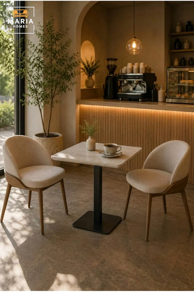 MARIA HOMES Modern Square Café Table with Marble-Effect Top and Black Pedesta...