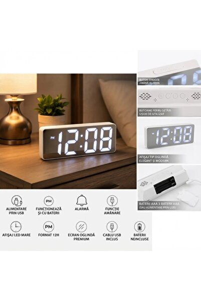 RXH Ceas Digital LED cu Afișaj Oglindă, Cifre Mari, Alarmă și Funcție Snooze
