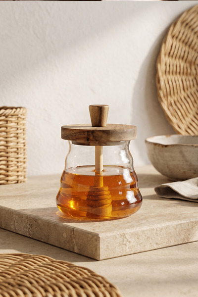 NESS HOME Ahşap Kapaklı Kaşıklı Cam Bal Kavanozu 500 ml