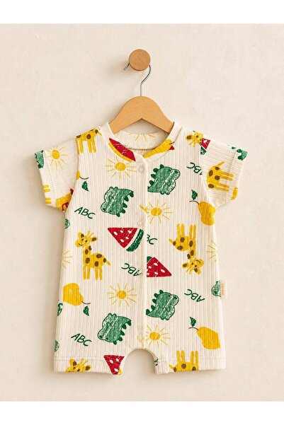 Çipil Baby Unisex Bebek Safari Desenli %100 Pamuk Ribana Kısa Kollu Yazlık Tulum