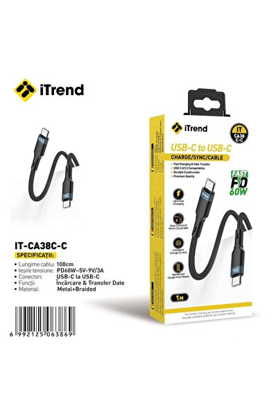 itrend Cablu USB-C la USB-C iTrend, 1 m, Încărcare Rapidă PD 60W, Material Te...