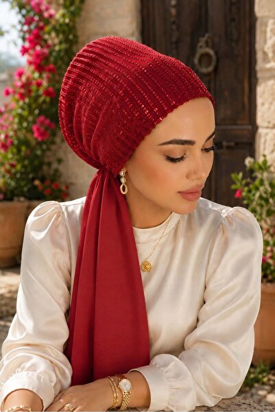 Aişe tesettür Red Sequin Embroidered Evening Dress Scarf Bonnet