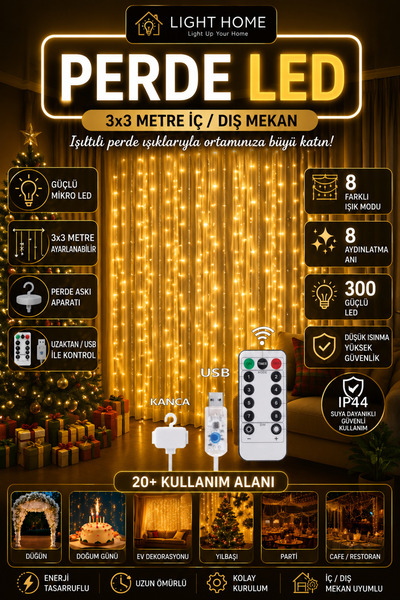 Light Home 3x3M 300 LED Perde Işık USB Kumandalı 8 Fonksiyonlu Dekoratif LED ...