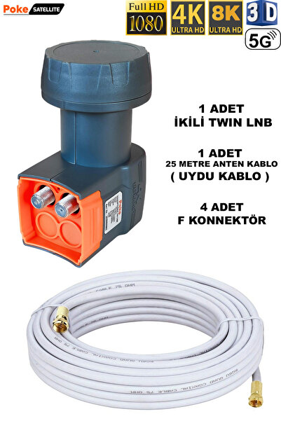 Poke 25 Metre Uydu Kablosu İkili Çıkış 4k Full Hd 3d 2 Li Twin Lnb F Konnektö...