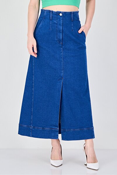 vivere Women Plain Midi Denim Skirt, Blue