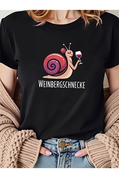 LİNA06 تي شيرت نسائي، مطبوع عليه WEINBERGSCHNECKE Wine Snail، تي شيرت أسود بأ...
