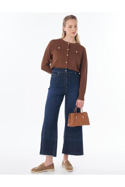 Kayra Washable Wide Leg Denim Trousers Navy Blue