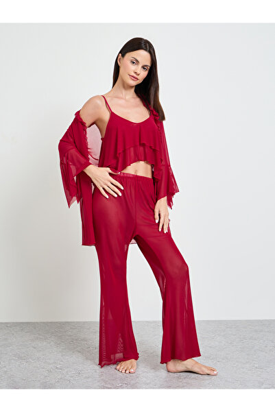 Take Two By Styli Burgundy Pack Of 3 - Ruffle Cropped Camisole, Flare Pants A...