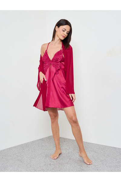 Take Two By Styli Burgundy Butterfly Design Slip And Robe Set