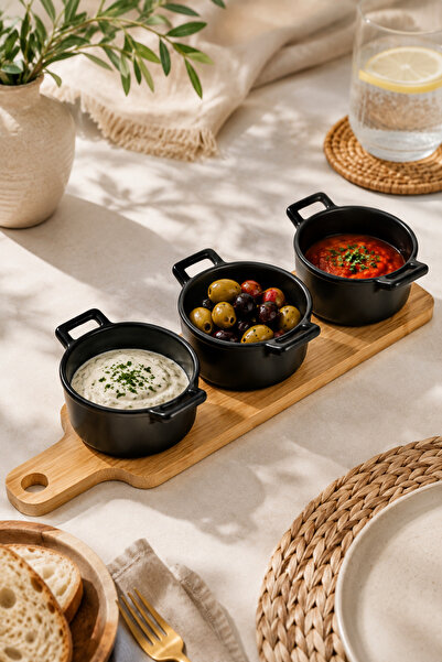 PUPSI Set 3 Boluri Ceramice Negre pe Suport din Bambus, 28x8x5 cm, pentru Ser...