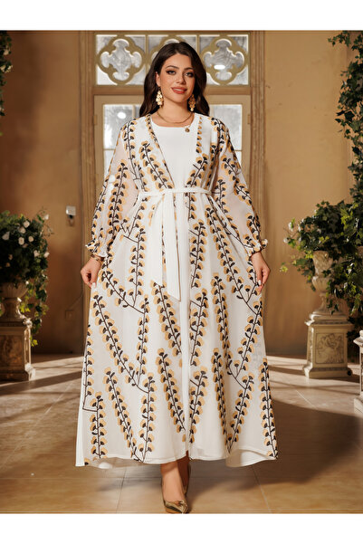 Take Two By Styli Cream Printed Abaya With Inner Maxi Dress
