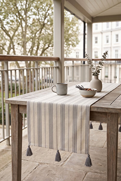 cottoncloth Gri Çizgili Gri Püsküllü Pamuklu Modern Dekoratif Masa Runner 40x...