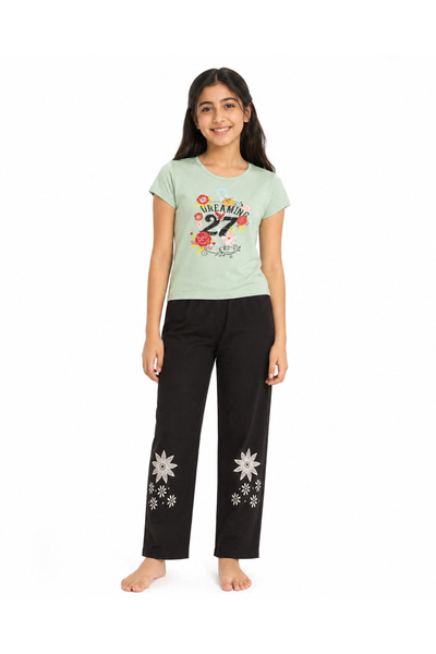 Generic Girls' Set 2-Piece Light Green T-Shirt and Black Floral Print Pants Set